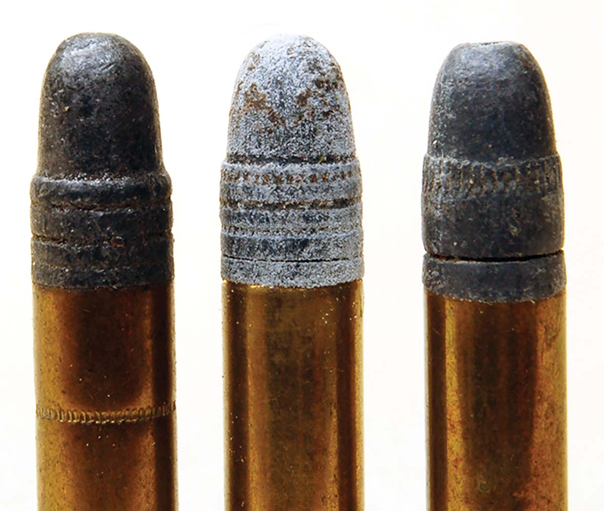 Differences in driving band length (the groove diameter part of a bullet) are shown here. The bullet on the left is also .226-inch diameter, .005 inch larger than the case diameter. Such variations are common in old 22 LRs.